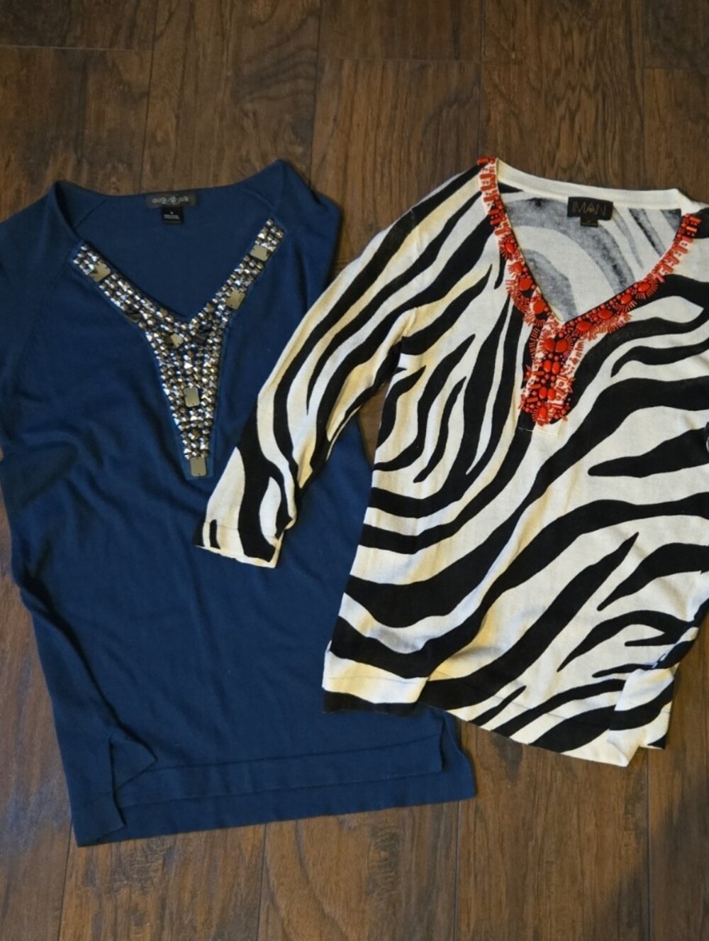 2 Knit Tunic Embellished Neckline Tops - Navy August Silk, & Zebra Print Iman